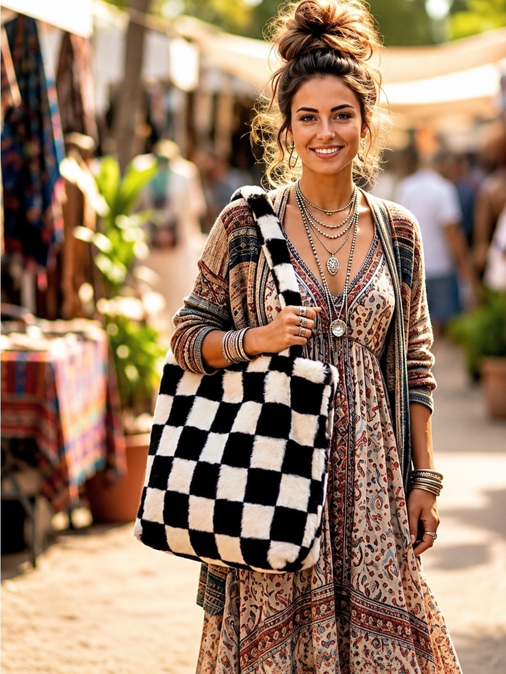 Checkerboard Faux Fur Tote Bag Black White Cozy Boho Purse